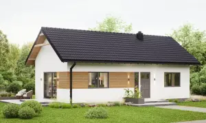 Nowy dom jednorodzinny z drewnianymi elementami. Zastanawiasz się, do ilu metrów dom bez pozwolenia? Ten projekt to marzenie o własnym kącie.
