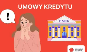 Zaskoczona kobieta z wykrzyknikiem w dymku obok banku. Temat: wypowiedzenie umowy kredytowej.