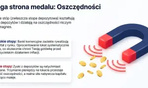 Magnes przyciąga monety, symbolizując, czym są stopy procentowe. Wysokie stopy procentowe chronią oszczędności, niskie je uszczuplają.