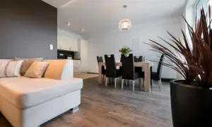 Nowoczesny salon z jadalnią i kuchnią. Wysokość pomieszczeń w domu podkreślona przez sufit podwieszany i duże okna.