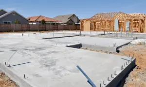 Fundamenty domu w budowie. Widać betonową płytę, zbrojenie i elementy instalacji. W tle drewniana konstrukcja domu. To dopiero początek, ale już widać, że będzie to solidny chudziak.