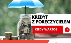 Skarbonka z domkiem i monetami pod parasolem symbolizuje kredyt z poręczycielem. Kiedy warto go wziąć?