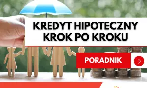 Drewniana rodzina pod parasolem, stosy monet i napis "Kredyt hipoteczny krok po kroku". Poradnik wyjaśnia etapy rozpatrywania wniosku o kredyt hipoteczny.