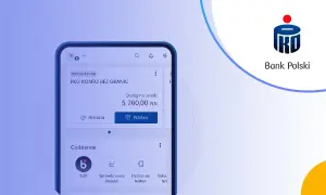 Aplikacja mobilna PKO Bank Polski z widocznym saldem 5700 PLN. Ikona banku PKO.