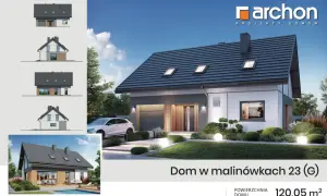 Wzór kosztorysu budowy domu: wizualizacja nowoczesnego domu z garażem, widok z przodu i z boku, projekt Archon.