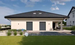 Nowoczesny dom z jasną elewacją i czarnym dachem. Kąt nachylenia dachu 30 stopni, z dwoma świetlikami. Na tarasie huśtawka.