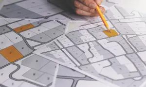 Rysunek geodezyjny z zaznaczonymi działkami. Dłoń z ołówkiem planuje scalenie działek, analizując mapę z numeracją.