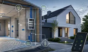 Schemat instalacji inteligentny dom okablowanie. Widok przekroju domu w budowie z instalacją grzewczą i elektryczną, połączony z gotowym budynkiem i aplikacją na smartfonie.