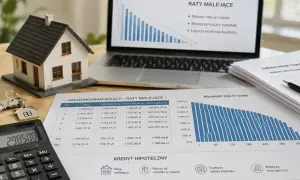 Model domu, klucze, kalkulator i harmonogram spłaty kredytu hipotecznego z ratami malejącymi. Planowanie finansowe.