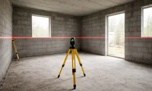 Laser krzyżowy na statywie wyznacza idealny poziom zero nad gruntem w niedokończonym pomieszczeniu z betonowych bloczków.