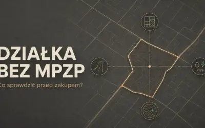 Działka bez MPZP: co sprawdzić przed zakupem? Mapa z ikonami drogi, mediów i planu zagospodarowania.