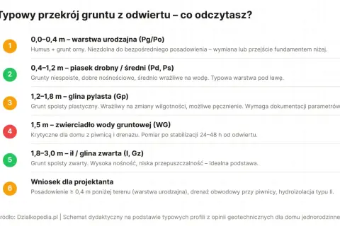 Przekrój gruntu: warstwa urodzajna, piasek, glina pylasta, zwierciadło wody, ił/glina zwarta. Różne rodzaje działek i ich charakterystyka.