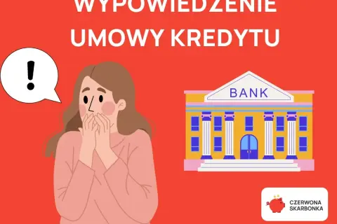 Zaskoczona kobieta z wykrzyknikiem w dymku obok banku. Temat: wypowiedzenie umowy kredytowej.