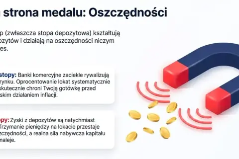 Magnes przyciąga monety, symbolizując, czym są stopy procentowe. Wysokie stopy procentowe chronią oszczędności, niskie je uszczuplają.