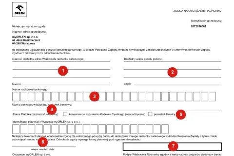 Formularz zgody na obciążanie rachunku bankowego w drodze Polecenia Zapłaty. Dokument ten jest podstawą do automatycznego pobierania środków.