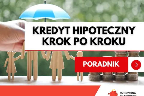 Drewniana rodzina pod parasolem, stosy monet i napis "Kredyt hipoteczny krok po kroku". Poradnik wyjaśnia etapy rozpatrywania wniosku o kredyt hipoteczny.