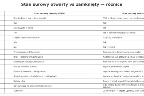 Tabela porównuje stan surowy otwarty (SSO) i zamknięty (SSZ). SSO to konstrukcja z dachem, bez stolarki. SSZ obejmuje też okna i drzwi.