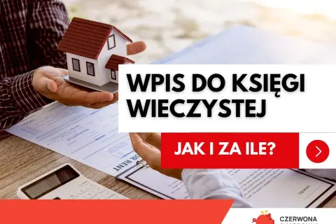 Wpis do księgi wieczystej: dowiedz się, ile trwa i jakie są koszty. Ręka trzyma model domu, obok dokumenty i kalkulator.