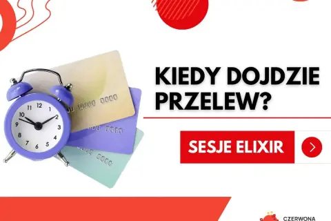 Budzik i karty płatnicze obok napisu "Kiedy dojdzie przelew?". Sprawdź sesje ELIXIR dla przelewów wychodzących PKO BP.