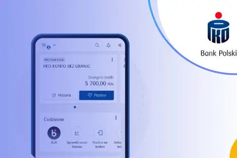 Aplikacja mobilna PKO Bank Polski z widocznym saldem 5700 PLN. Ikona banku PKO.