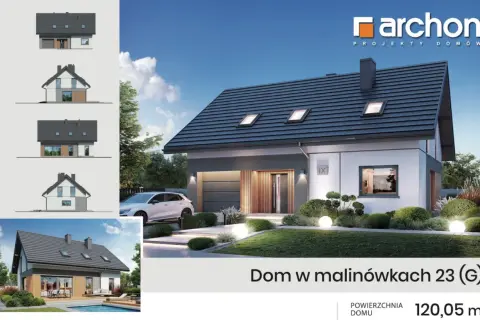 Wzór kosztorysu budowy domu: wizualizacja nowoczesnego domu z garażem, widok z przodu i z boku, projekt Archon.