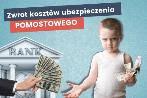 Chłopiec z pieniędzmi w ręku patrzy na bank, gdzie ręka oferuje zwrot kosztów ubezpieczenia pomostowego.