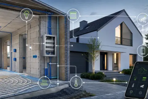 Schemat instalacji inteligentny dom okablowanie. Widok przekroju domu w budowie z instalacją grzewczą i elektryczną, połączony z gotowym budynkiem i aplikacją na smartfonie.