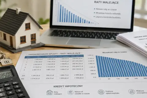 Model domu, klucze, kalkulator i harmonogram spłaty kredytu hipotecznego z ratami malejącymi. Planowanie finansowe.