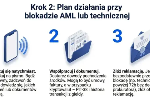 Krok 2: Plan działania przy blokadzie AML lub technicznej. 1. Kontaktuj się. 2. Współpracuj i dokumentuj. 3. Złóż reklamację. To wyjaśnia, co oznacza blokada transakcji.