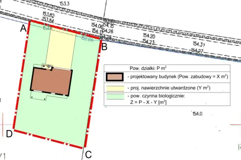 Plan działki z zaznaczonym projektowanym budynkiem, jego wskaźnik powierzchni zabudowy (X m²) oraz powierzchnie utwardzone (Y m²).