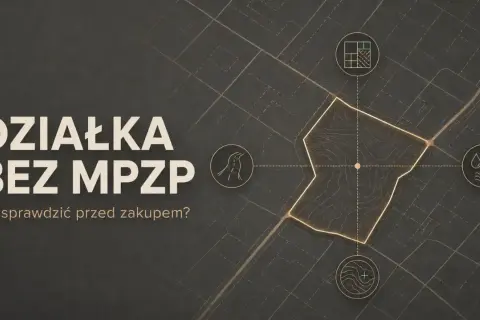 Działka bez MPZP: co sprawdzić przed zakupem? Mapa z ikonami drogi, mediów i planu zagospodarowania.