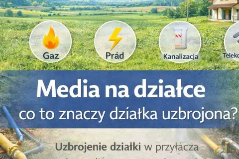 Działka uzbrojona co to znaczy? Obraz pokazuje przyłącza mediów: gazu, prądu, kanalizacji i telekomunikacji.