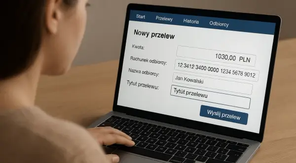 Kobieta wypełnia formularz przelewu na laptopie. Wpisuje kwotę, numer rachunku, nazwę odbiorcy i tytuł przelewu. Przykłady tytułów przelewów mogą być różne, np. "Opłata za czynsz" lub "Zwrot pożyczki".