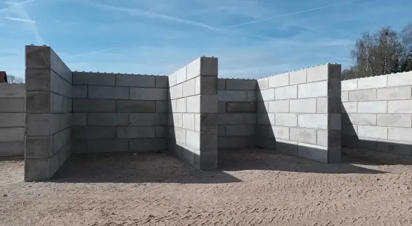 Betonowy murek oporowy w kształcie litery L, tworzący skarpy na placu budowy.