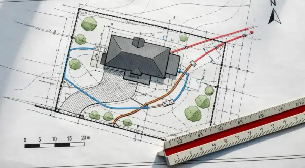 Projekt zagospodarowania terenu z domem, drzewami i zaznaczonymi instalacjami. Skala i linijka wskazują na precyzyjne planowanie.