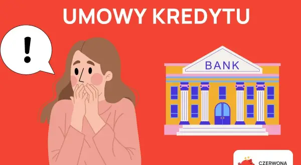 Zaskoczona kobieta z wykrzyknikiem w dymku obok banku. Temat: wypowiedzenie umowy kredytowej.