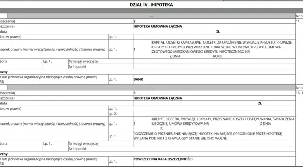 Szczegóły dotyczące hipoteki umownej, w tym jej rodzaj, suma i wierzyciel. Dane wpisane do rejestru.