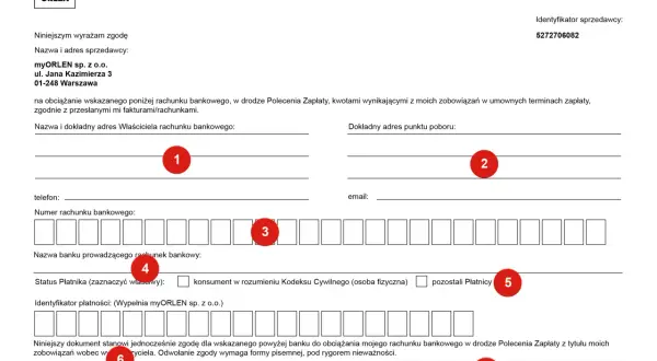 Formularz zgody na obciążanie rachunku bankowego w drodze Polecenia Zapłaty. Dokument ten jest podstawą do automatycznego pobierania środków.