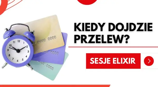 Budzik i karty płatnicze obok napisu "Kiedy dojdzie przelew?". Sprawdź sesje ELIXIR dla przelewów wychodzących PKO BP.