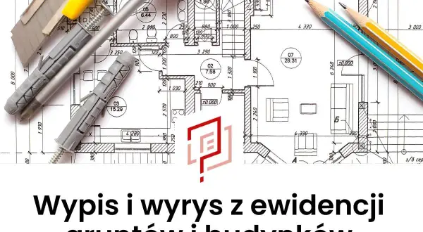 Jak wygląda wypis z rejestru gruntów: rysunek techniczny z narzędziami budowlanymi i ołówkami.