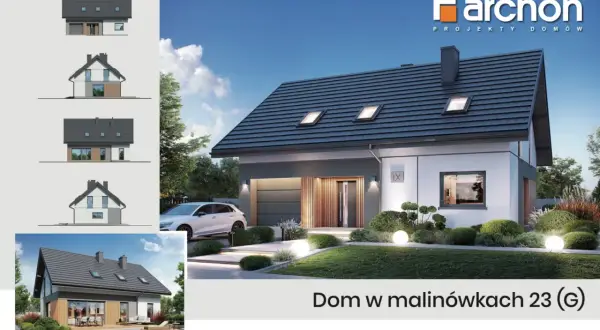 Wzór kosztorysu budowy domu: wizualizacja nowoczesnego domu z garażem, widok z przodu i z boku, projekt Archon.