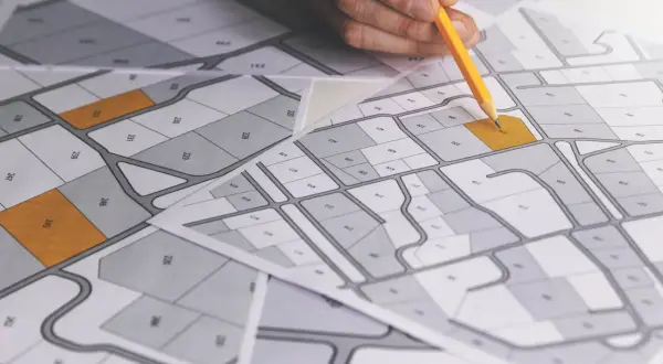 Rysunek geodezyjny z zaznaczonymi działkami. Dłoń z ołówkiem planuje scalenie działek, analizując mapę z numeracją.