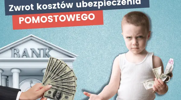 Chłopiec z pieniędzmi w ręku patrzy na bank, gdzie ręka oferuje zwrot kosztów ubezpieczenia pomostowego.