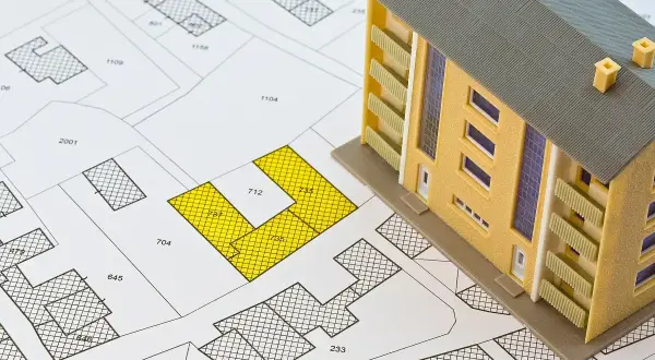 Model budynku na mapie działek. Żółte pola wskazują obszar, który może być objęty podatkiem katastralnym.