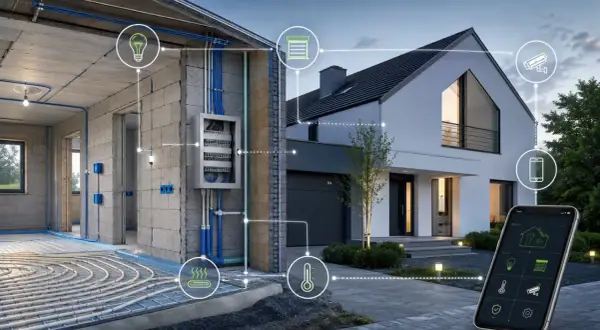 Schemat instalacji inteligentny dom okablowanie. Widok przekroju domu w budowie z instalacją grzewczą i elektryczną, połączony z gotowym budynkiem i aplikacją na smartfonie.