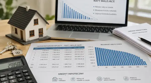 Model domu, klucze, kalkulator i harmonogram spłaty kredytu hipotecznego z ratami malejącymi. Planowanie finansowe.