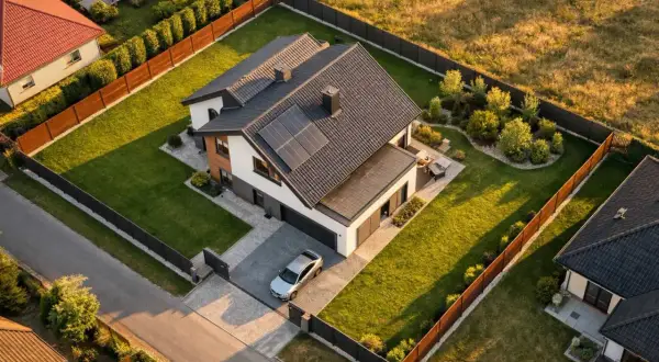 Nowoczesny dom z panelami słonecznymi, otoczony zadbanym ogrodem i ogrodzeniem. Idealne usytuowanie domu na działce, z podjazdem i miejscem do wypoczynku.