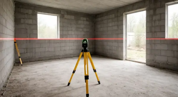 Laser krzyżowy na statywie wyznacza idealny poziom zero nad gruntem w niedokończonym pomieszczeniu z betonowych bloczków.