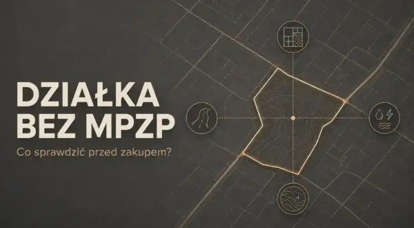 Działka bez MPZP: co sprawdzić przed zakupem? Mapa z ikonami drogi, mediów i planu zagospodarowania.