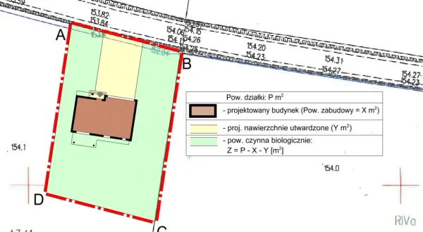 Plan sytuacyjny z zaznaczonym projektowanym budynkiem, nawierzchniami i terenami zielonymi. Wzór wniosku o wydanie warunków zabudowy.